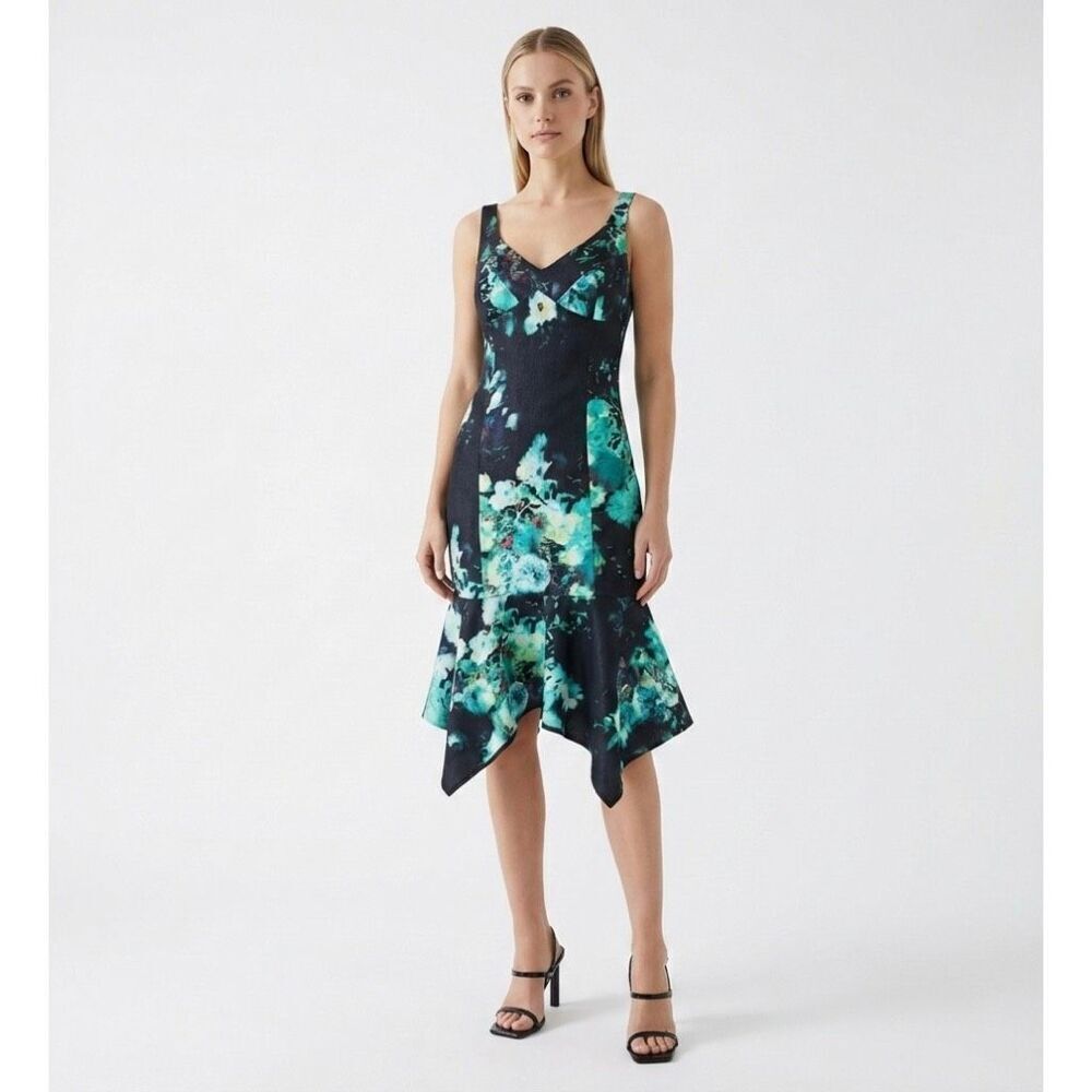 Teri Jon Rickie Freeman Black Floral Asymmetric Midi Dress Wedding Guest Size 4